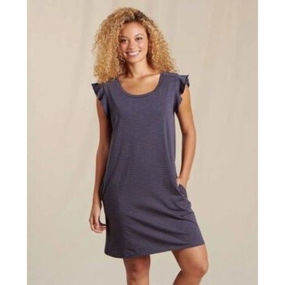 Toad & Co Rufflita Dress Navy Brown Striped Organic Cotton Tencel Large